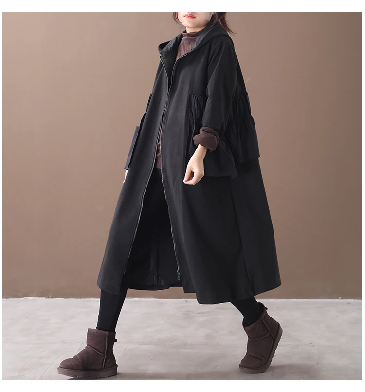 female new autumn and winter plus size korean style outerwear literary ruffled stitching hooded with velvet loose trench