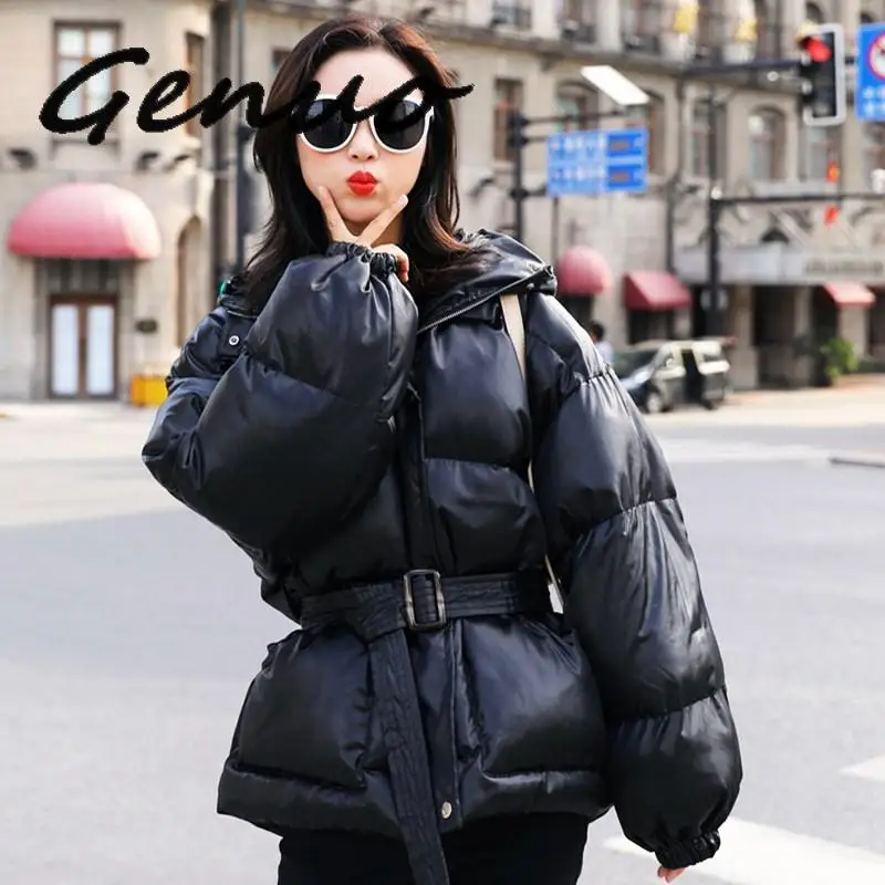 Genuo New 2019 Winter Slim Hooded Duck Down Jacket Coats Sashes Women Fashion Short Design Thickening Warm Bread Snow Outwear