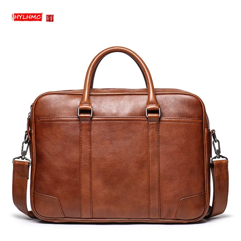 Genuine Leather Men's Handbag Business Portable Briefcase Large Capacity Shoulder Laptop Bag Cowhide Crossbody Bag 15.6