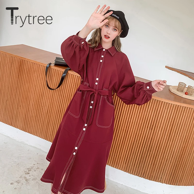 Trytree/осенне-зимние женские повседневные однотонные платья с отложным воротником