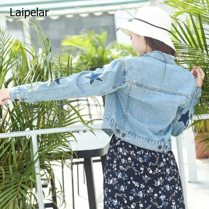 2020 синие короткие джинсовые куртки со звездами и бусинами Свободные корейские