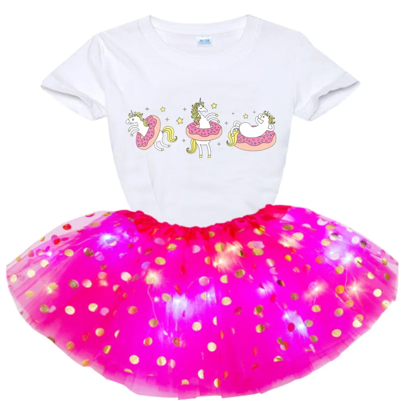 Kids Girls Dress Dresses Baptism Kids Baby Girls Birthday Dress Princess Dress Cartoon Print Pony T Shirt+Glowing Skirts Sets