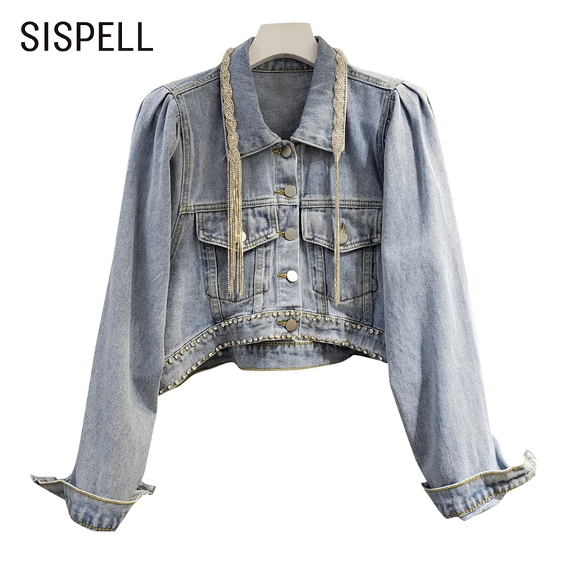 

SISPELL Patchwork Metal Chain Denim Coats For Female Lapel Collar Long Sleeve High Waist Loose Women's Casual Coat Fashion New