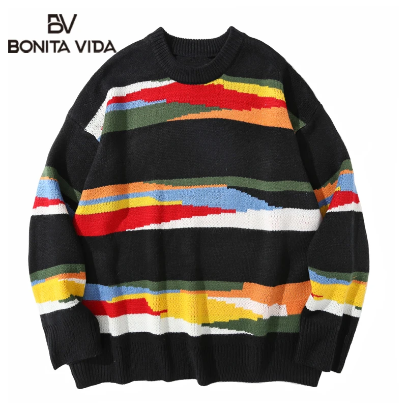 

Bonita Vida Harajuku Knitwear Sweaters Hip Hop Graffiti Stripe Knitted Sweater Streetwear Hip Hop Loose Casual Pullover Tops