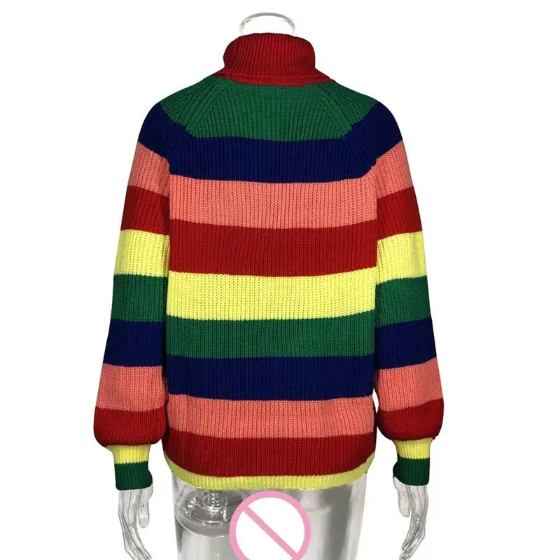 Женский зимний Радужный полосатый свитер с высоким воротом большие размеры