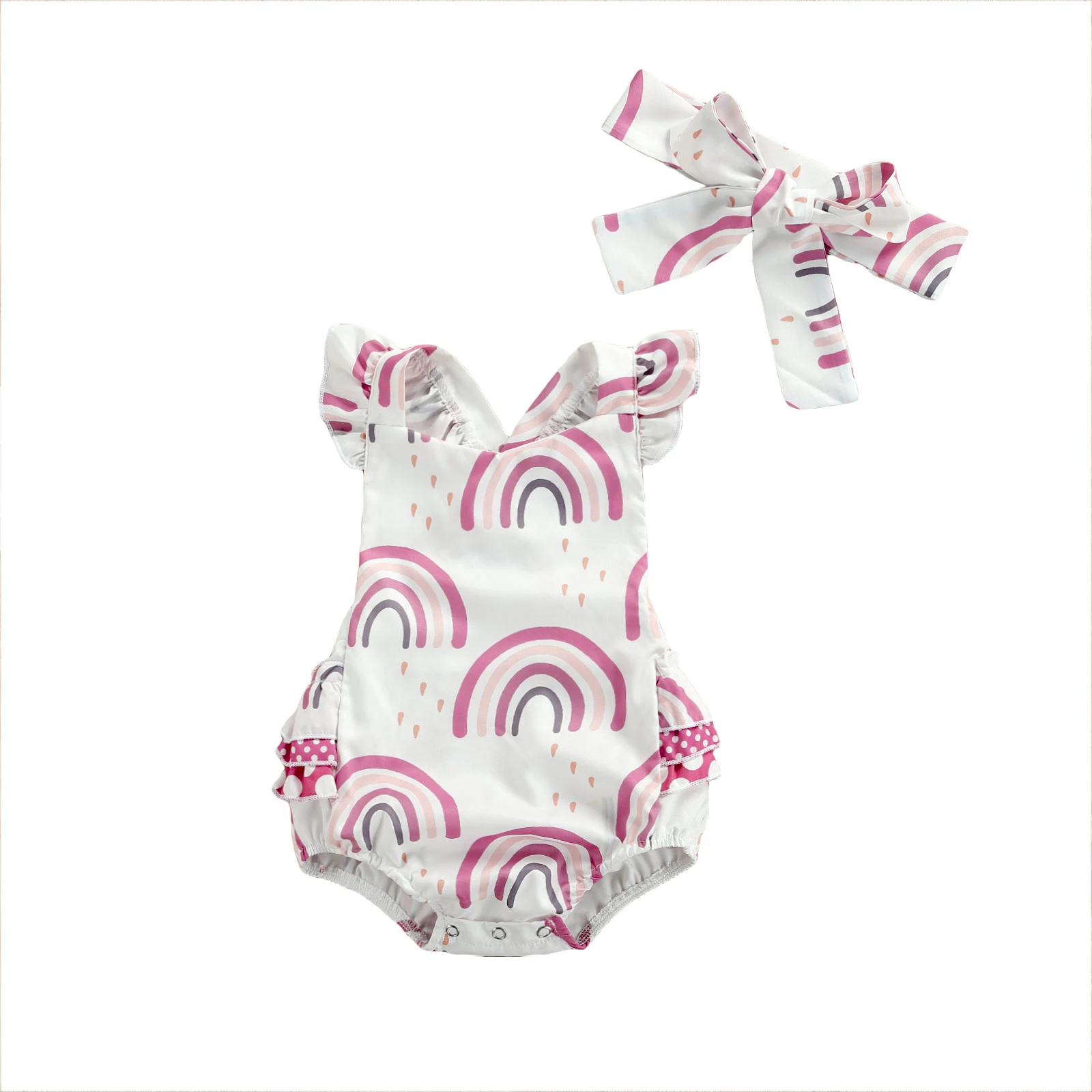 

Summer Baby Girls Rainbow Rompers Ruffles Short Sleeve Backless Jumpsuits