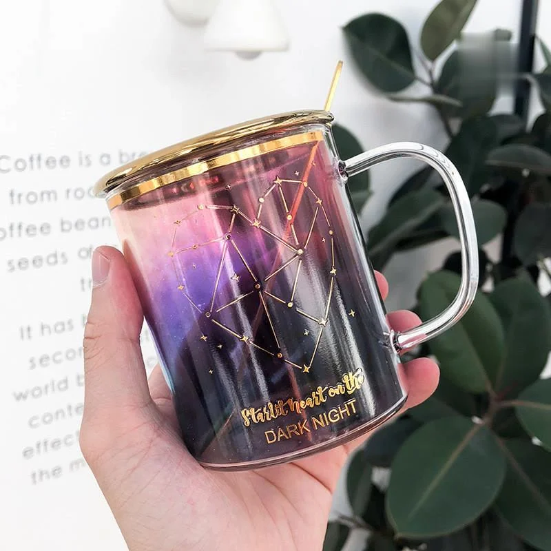 

Glass Mug Korean Style Colorful Painted Gold Starry Sky Water Cup Male and Female Students Creative Wedding Gift Breakfast Cup
