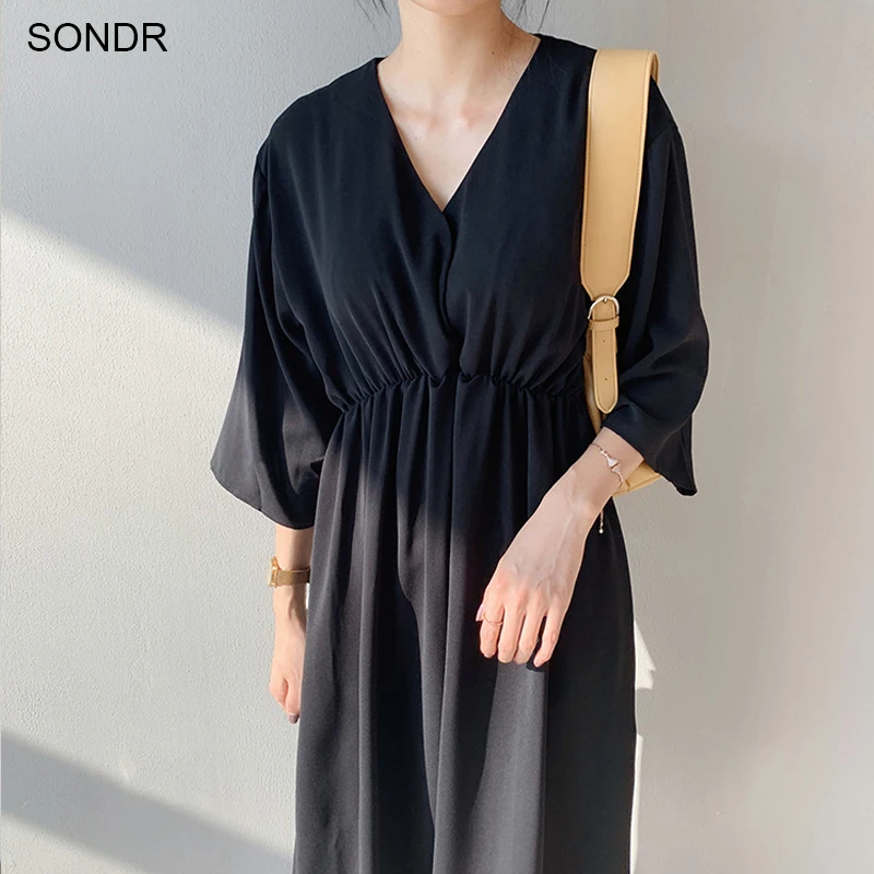 

One Piece Vintage Women Dress Harajuku Beige Rayon Midi Dress 2020 Autumn Elegant V Neck Elastic High Waist Long Shirt Dresses