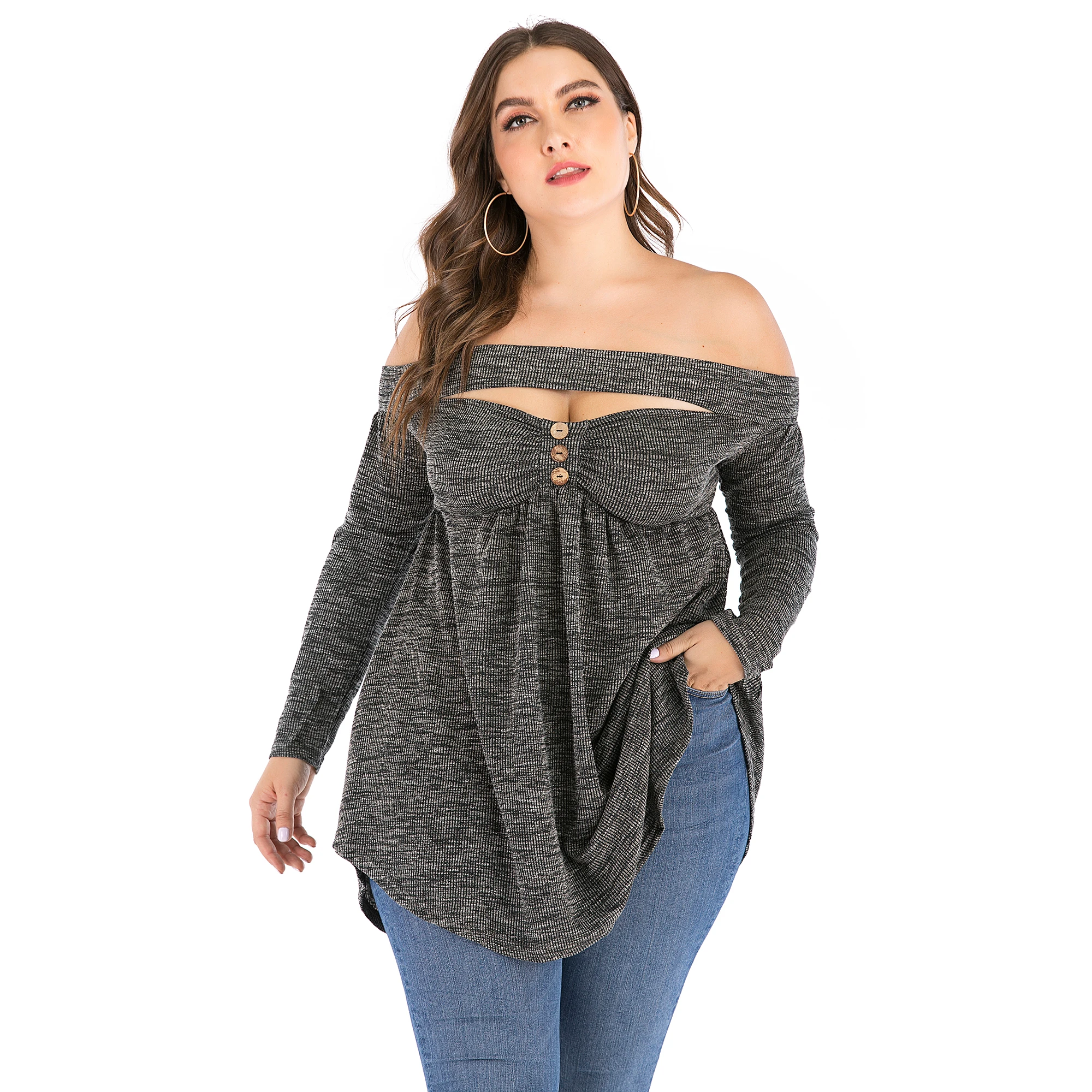 

Casual Long Sleeve Women T-shirt Oversized Hollow Out Knitted Top Tee Autumn Winter Strapless Shirt Plus Size 4XL 5XL Clothing