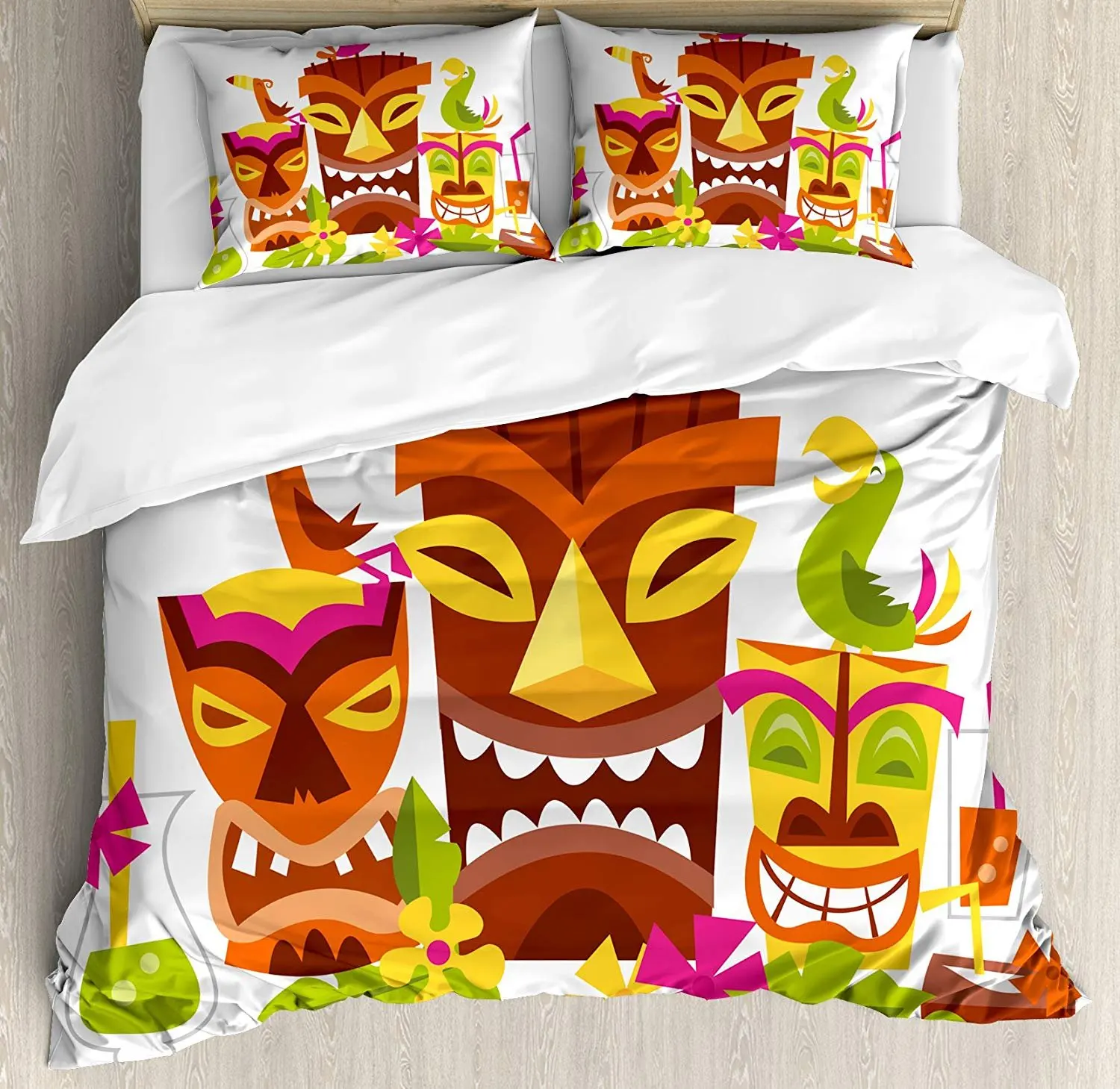 

Luau Bedding Set Three Grimacing Tiki Party Masks Surrounded by Leaves Drinks and Cute Toucan Birds Duvet Cover Pillowcase