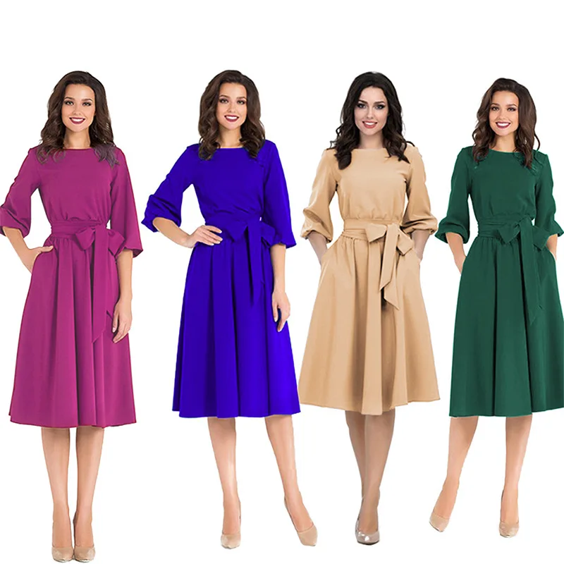 

Donsignet 2021 Autumn New Solid Color Waist Long Sleeved Womens Dress with Belt Dresses for Women Party