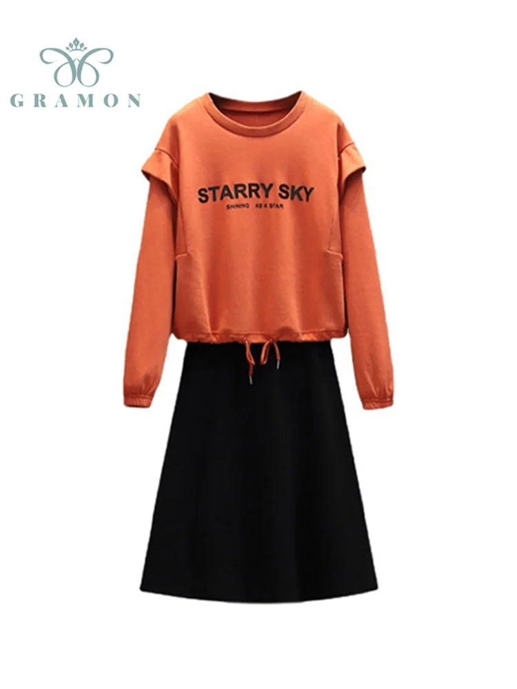 

Women Autumn Two Piece Sets Long Sleeve Top +High Waist A Line Skirts Plus Size Suits 2021 New Streetwear Fashion Conjunto Femme