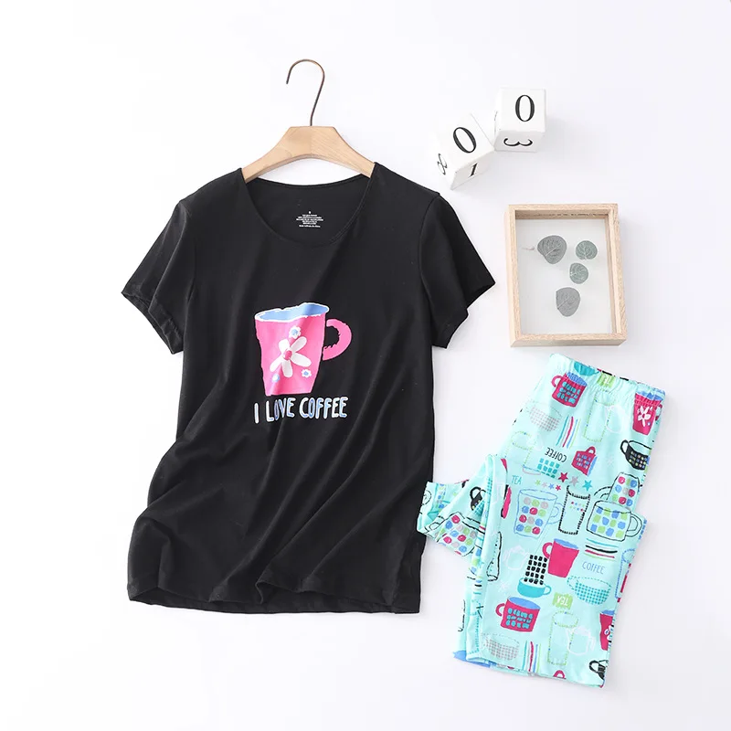 

Pajamas Women Summer Short-sleeved Plus Size Thin Homewear Casual Cute Fresh Knitted Cotton Printing Plus Size Home Service Suit