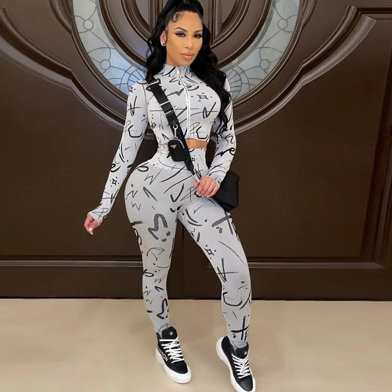 

Printed Two Piece Set Zip Skinny Crop Tops T-Shirts Joggers Tracksuits Women Clothing Autumn Legging Casual Aesthetic Pant Sets