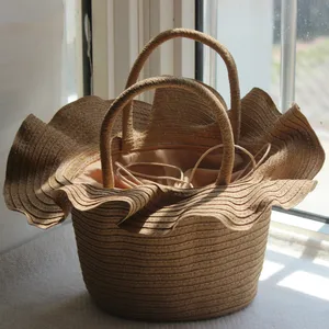 2021 Japanese Women's Straw Bag New Popular Grass Braided Straw Plaited Article Hat Bag Khaki Rice White Bucket Double Shoulder