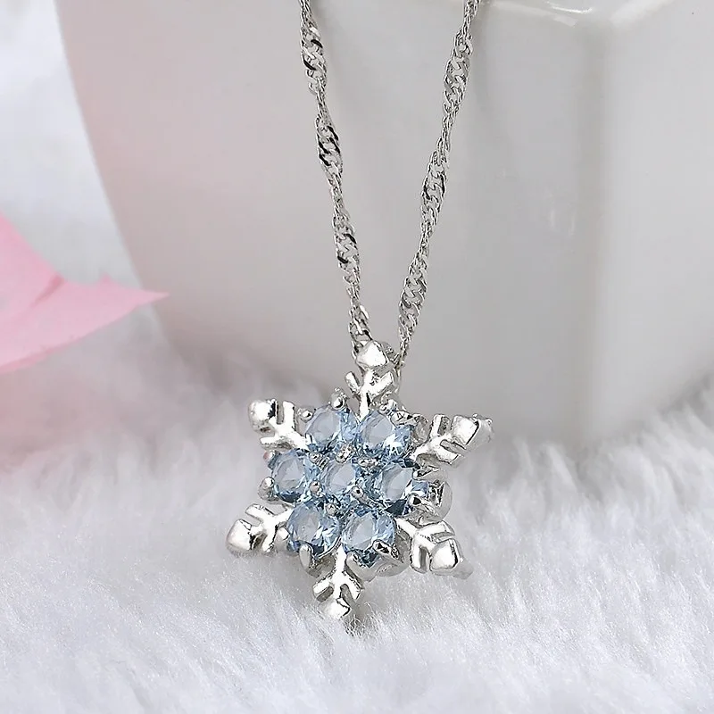 

Romantic Elegant Blue Crystal Snowflake Frozen Flower Silver Pendants Necklace