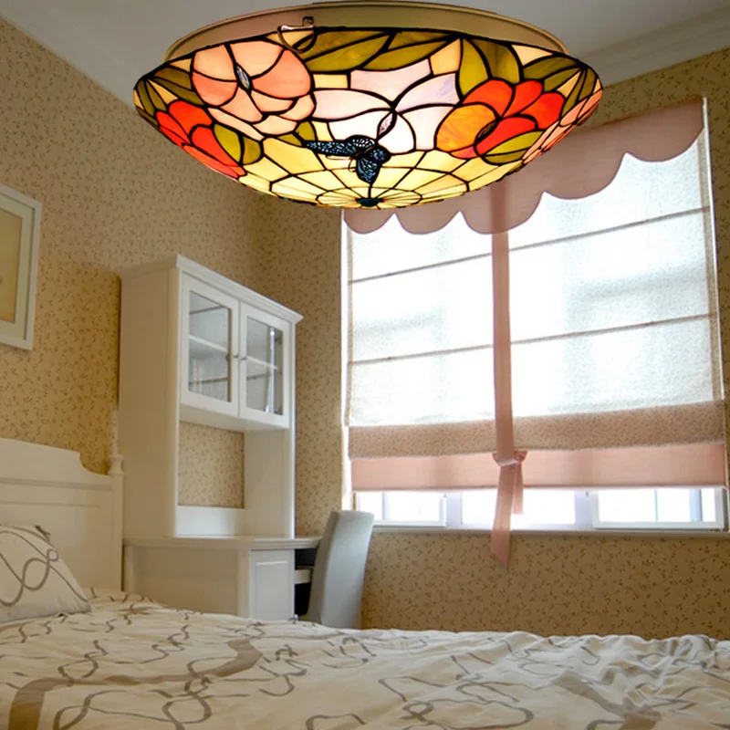 

European butterfly 16 inch LED E27 110-240V Pastoral Ceiling Light Tiffany Round Glass Lampshade lamparas de techo abajur