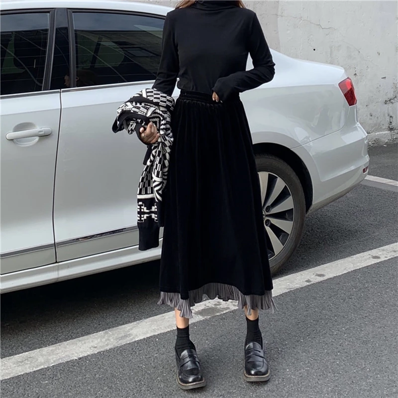 

Gold Velvet Vintage Elegant A-Line Long Women Skirt Soft 2021 New Autumn And Winter High-Waist Mid-Calf Skirts Casual All-Match
