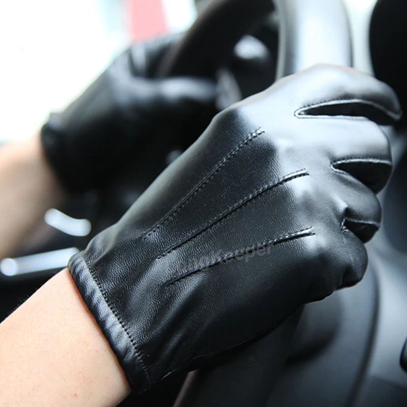 

Long Keeper Hot Men's Luxurious PU Leather Winter Driving Warm Gloves Cashmere Mitten Black Drop Shipping High Quality