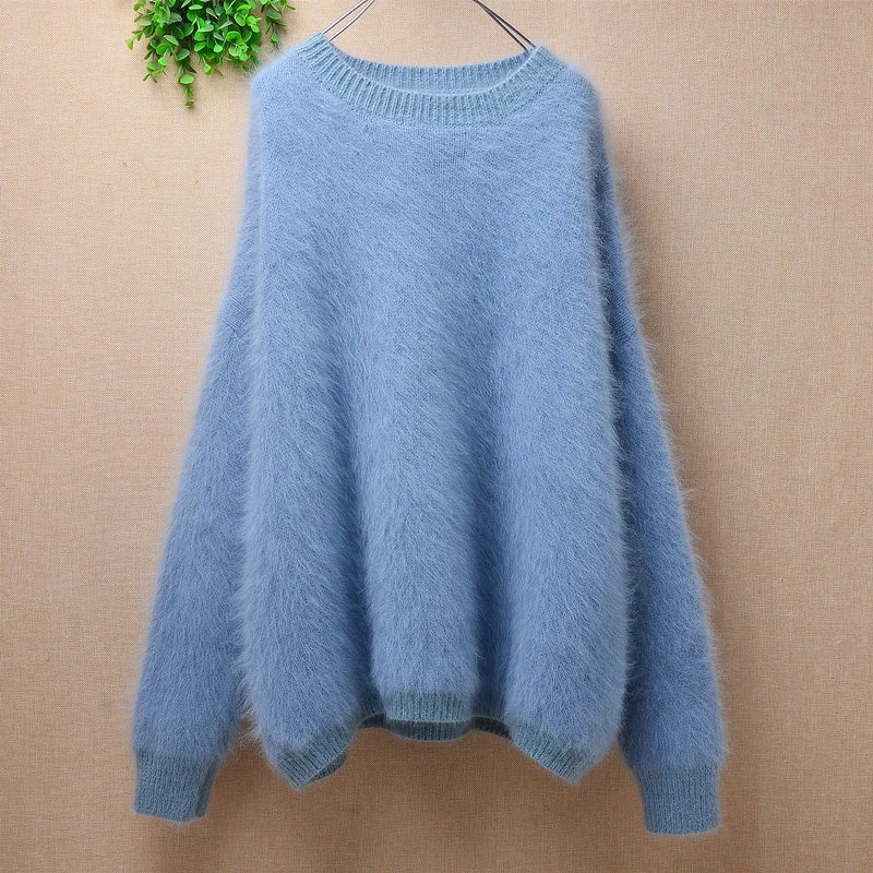 

female women winter thick warm hairy mink cashmere knitted long sleeves loose lazy oaf pullover angora fur jumper sweater pull