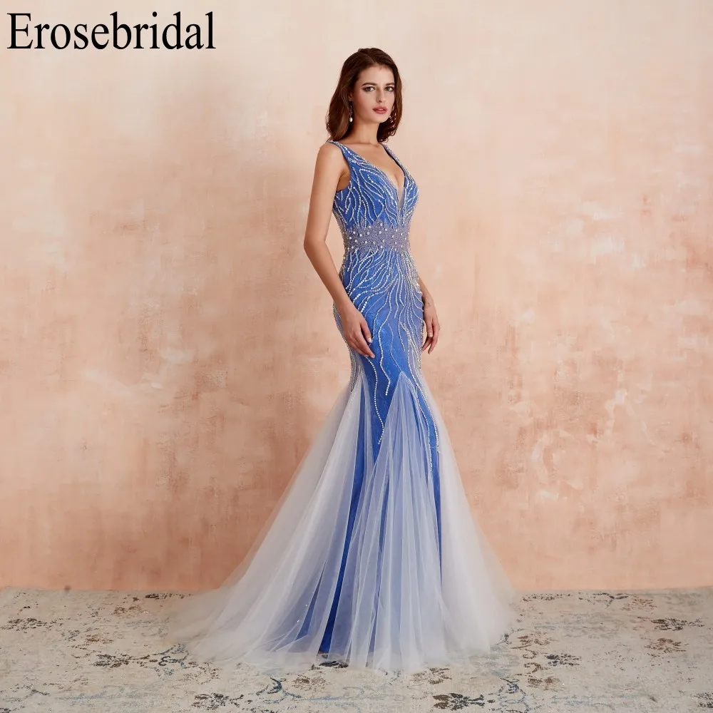 Erosebridal Русалка вечернее платье длинное светильник серый бисером роскошное длинное торжественное платье со шлейфом открытая спина