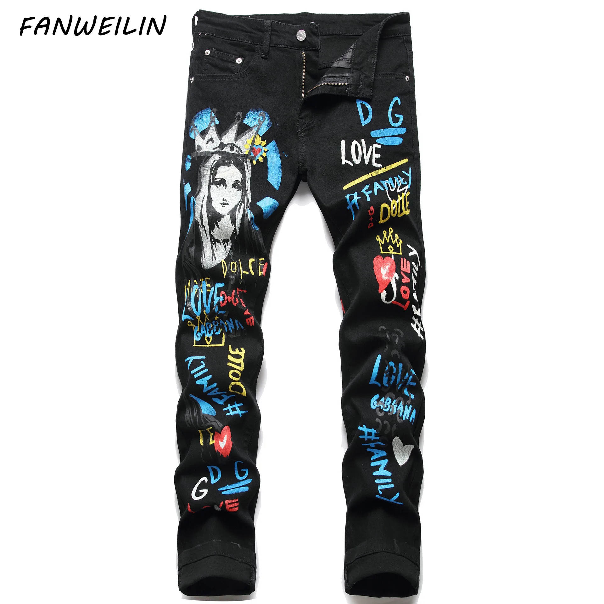 2021New Men's Fashion Skinny Black Jeans Male Colored Drawing Printed Graffiti Men Jean Pants Hip Hop Biker Jeans Pantalon Homme