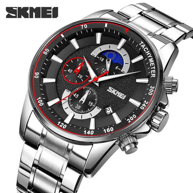 

SKMEI Creative Luxury Mens Watches Quartz Moon Phase Calendar Stopwatch Sport Full Steel Waterproof Wristwatch Relogio Masculino