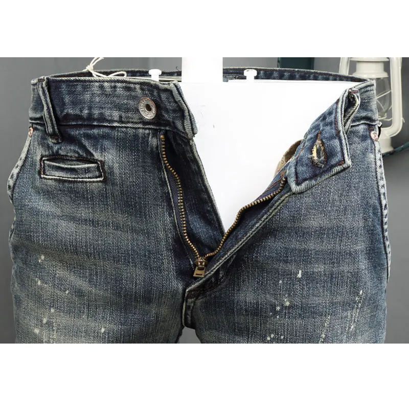 Italian Vintage Fashion Men Jeans High Quality Elastic Cotton Slim Fit Retro Ripped Jeans Men Painted Designer Denim Punk Pants