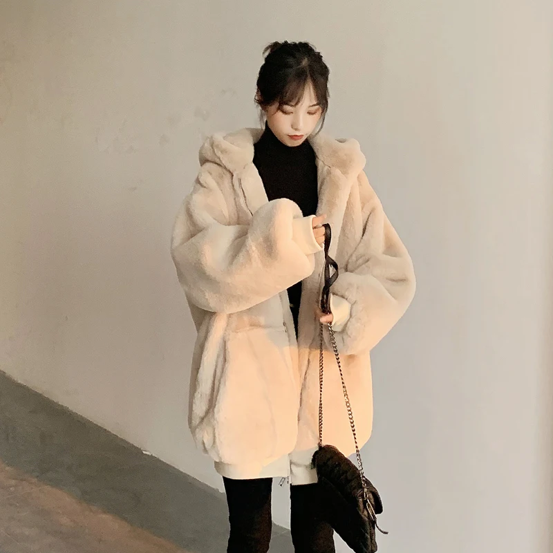 Winter Faux Fur Coat Women Casual Warm Soft Zipper Faux Rabbit Fur Jacket Pocket Overcoat Female Thick Hooded Lamb Plush Coat