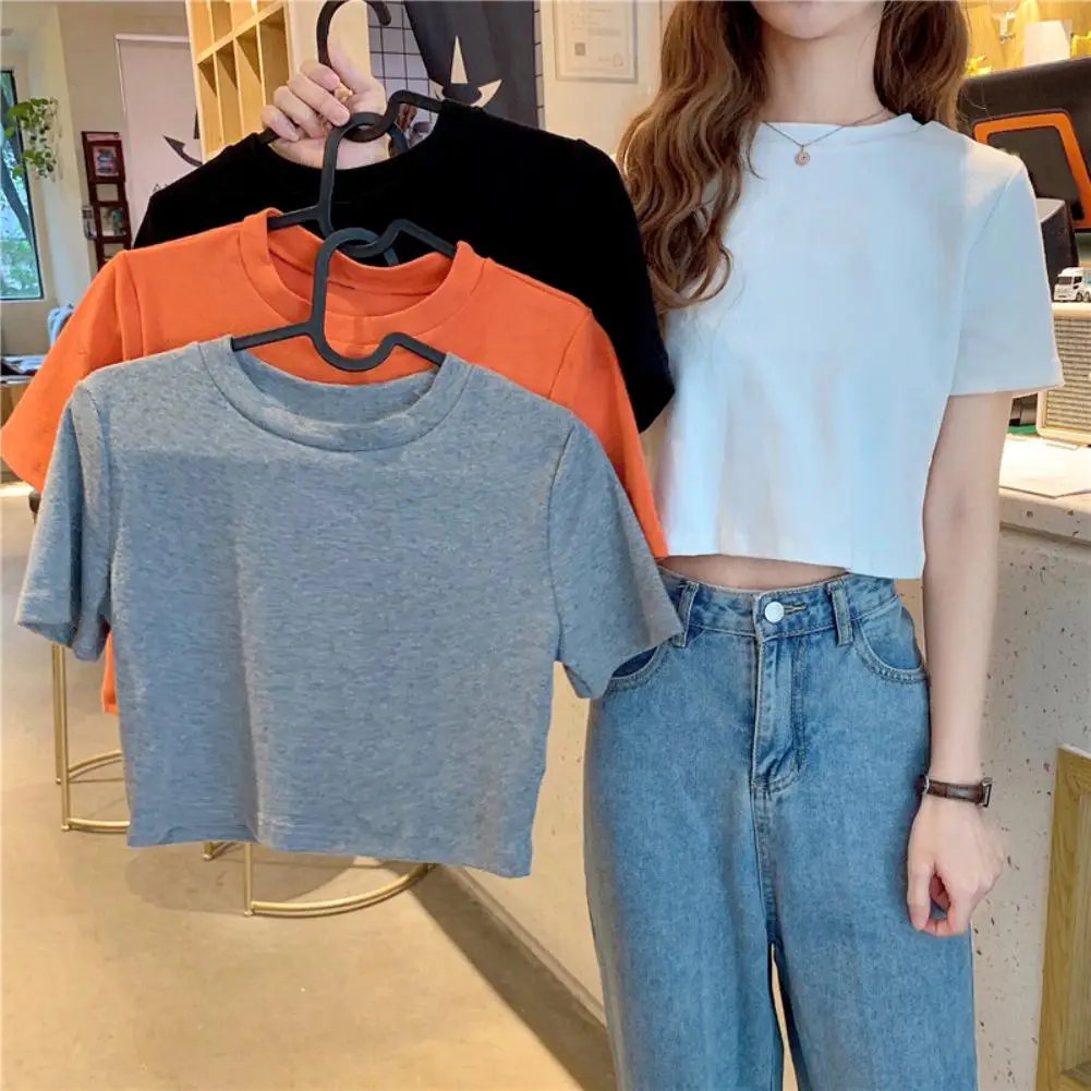 

Однотонная женская Свободная хлопковая футболка с коротким рукавом и круглым вырезом, короткий топ, блузка