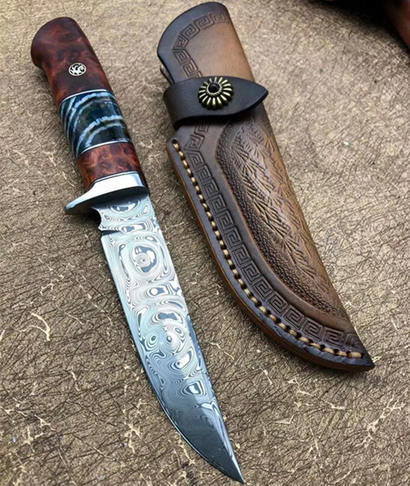 Шведский нож из дамасской стали с розовым узором ручка розового дерева ручной