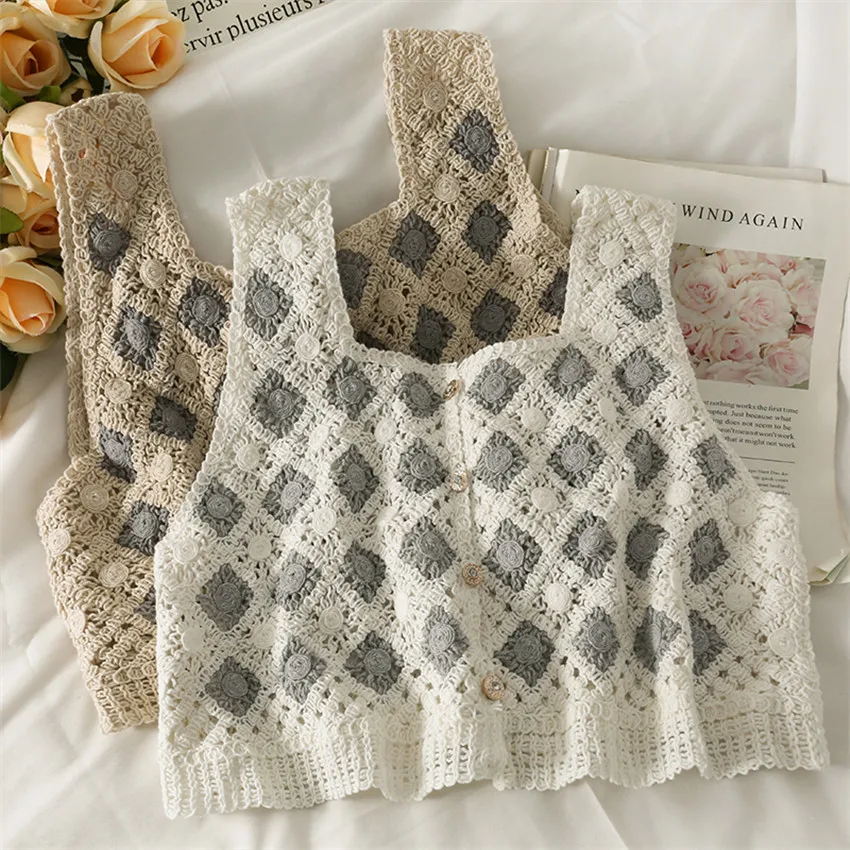 

Майка женская вязаная клетчатая, однобортный жилет без рукавов, винтажный укороченный топ, рубашка, на лето