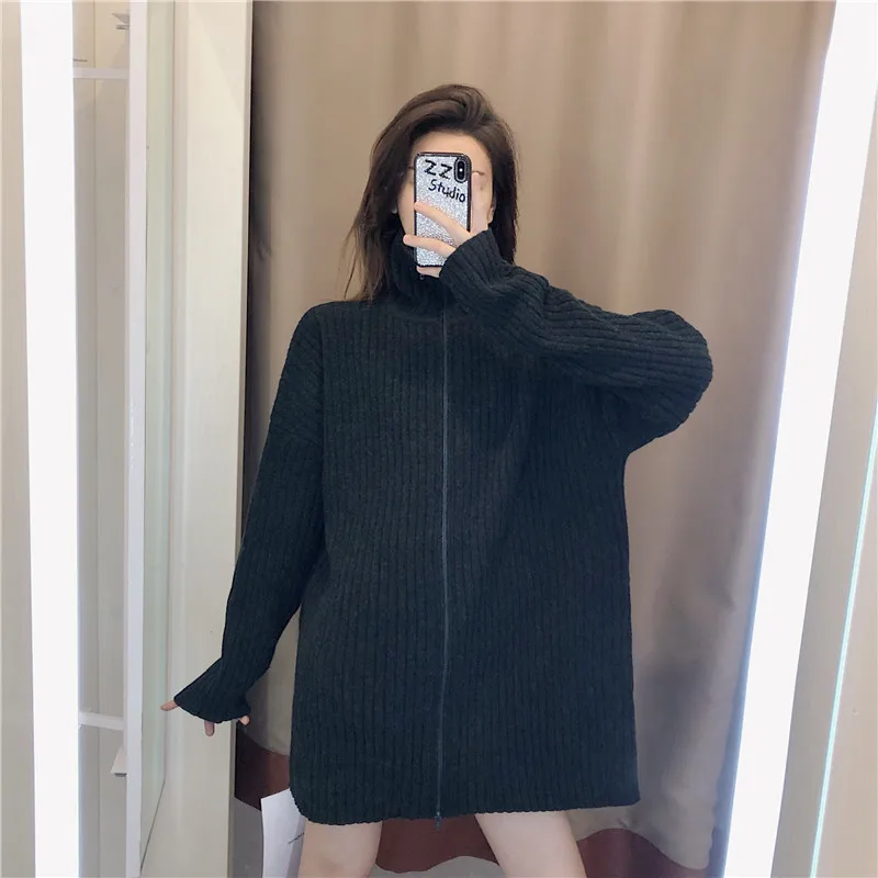 

Blue medium length high neck sweater for women's loose wear 2020 new lazy coat knitted cardigan