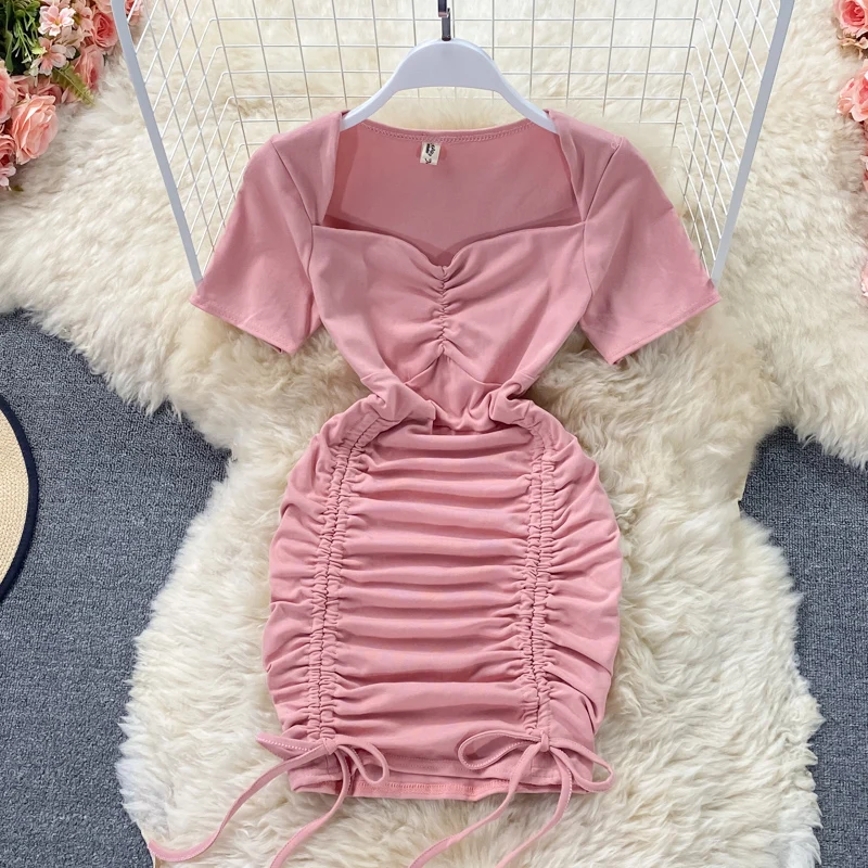 

2021 summer new style square collar exposed clavicle slim temperament drawstring hip dress short sleeves