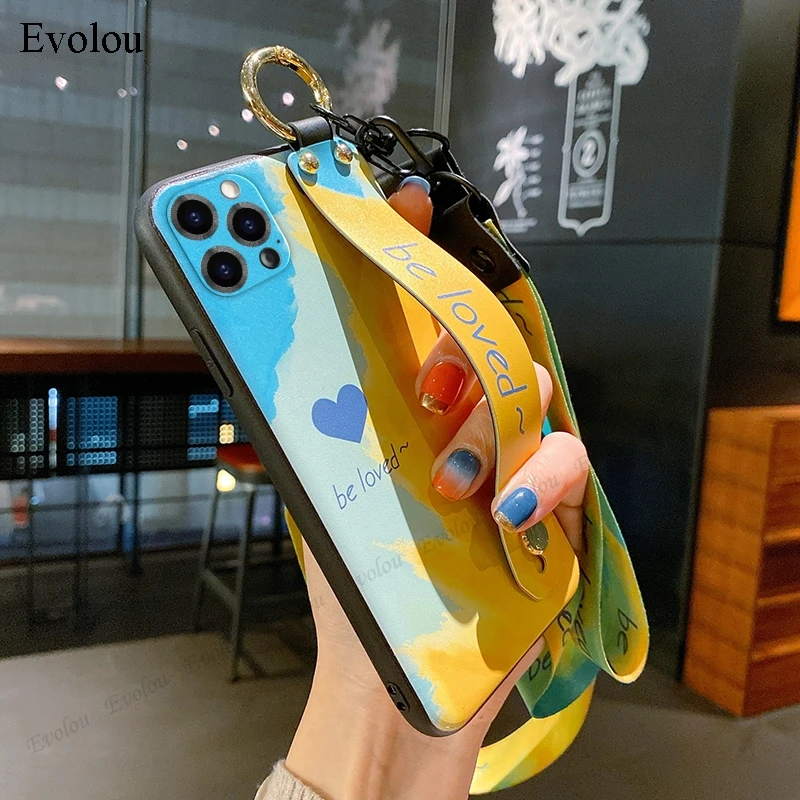 

Watercolor Wristband Stand Case For iphone 12 Pro Max 11 XS XR 8 7 Plus 6S 12 mini Camera Lens Protection Cover Lanyard Couqe