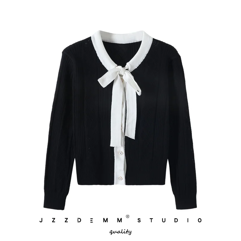 

Женский трикотажный кардиган с бантом, ажурный облегающий Топ контрастных цветов с длинным рукавом и круглым вырезом, весна-осень