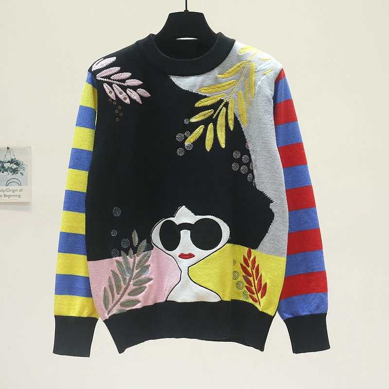 

Модный женский пуловер, вязаный свитер, сезон осень-зима 2021, женский джемпер в полоску с длинным рукавом и мультяшной вышивкой в Корейском с...
