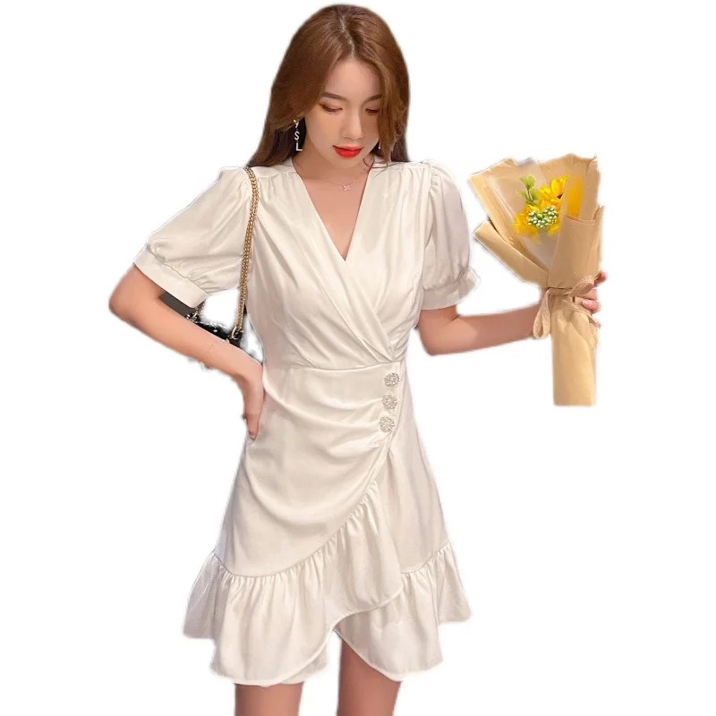 

Make summer new aristocratic temperament show thin waist falbala short-sleeved dress