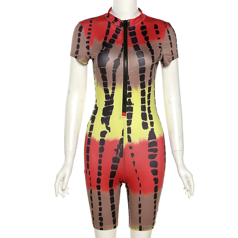 

Polka Dot Pattern Tie Dye Women Playsuit Short Sleeve Printed Zipper Shaped Waist Skinny Casual Streetwear Female Outfit