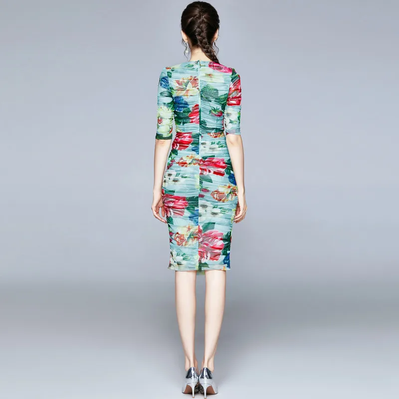 

Women Summer Designer Elegant Ruched Floral Mesh Sexy Cocktail Party Robe Female Green Sheath Pencil Bodycon Dress Vestidos