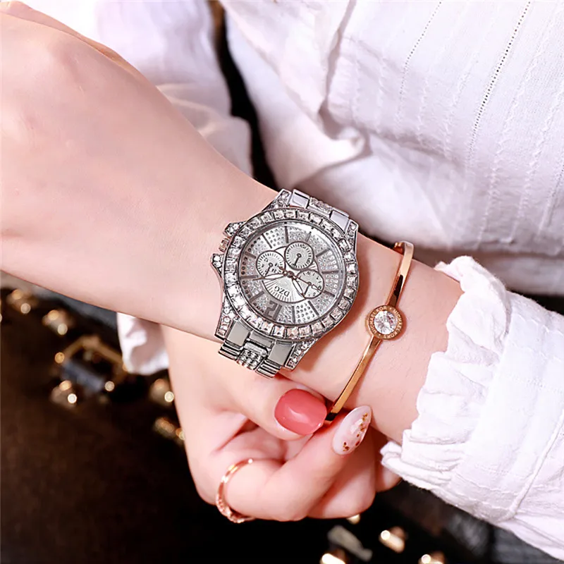 Женские трендовые роскошные часы из нержавеющей стали трехцветные алмазные