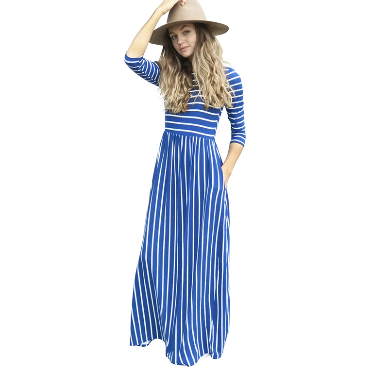 Pocket Floor Length Womens Plus High Waist Striped Vintage 2020 Size Maxi Dresses Loose New dresses Long Elegant long sleeve | Женская