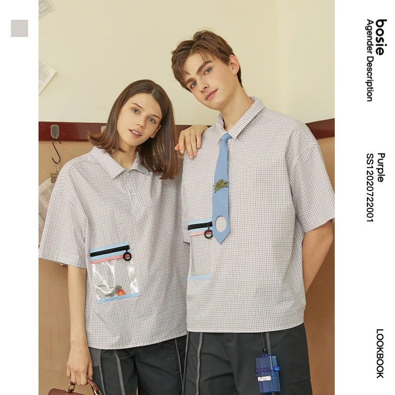 

bosie shirt plaid summer new short-sleeved male couple retro fashion female loose casual shirts tide 22001