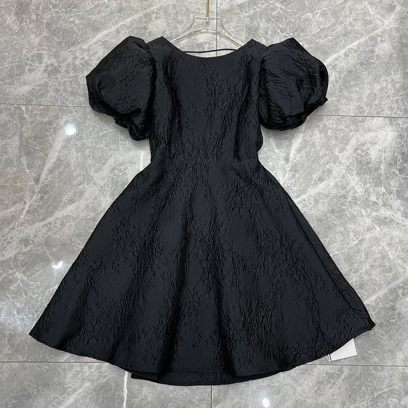 

Harajuku Lace-up Backless Jacquard Mini Tutu Dress Girl Japan Style High Waist Slimming Short Sleeve Black Princess Dress Summer