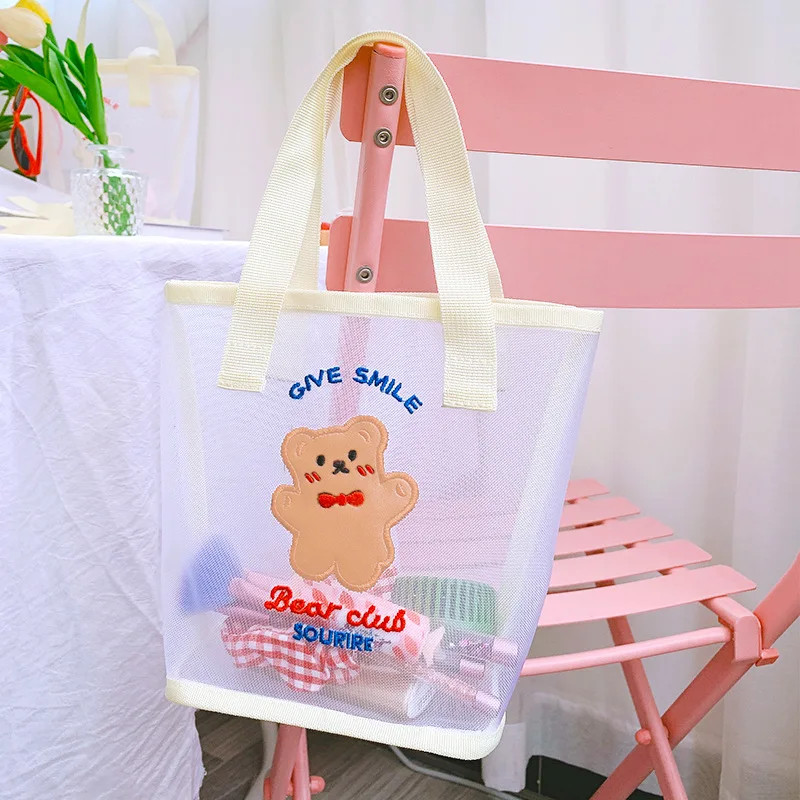 

New Cartoon Cute Bear Transparent Organizer Bag Large Cosmetic Handbags for Women Portable Beach Storage Bag