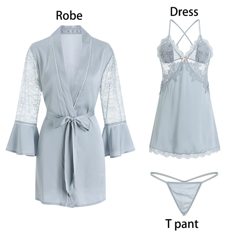 Sexy Nightwear Women's Nightgown Lace Nightdress Robe + Belt Homewear Sleepwear Silk   Night Dress+T Pant