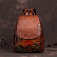 vintage embossed large capacity women backpack lady genuine leather bag pack 2021 winter leisure nature soft cowhide travel bags