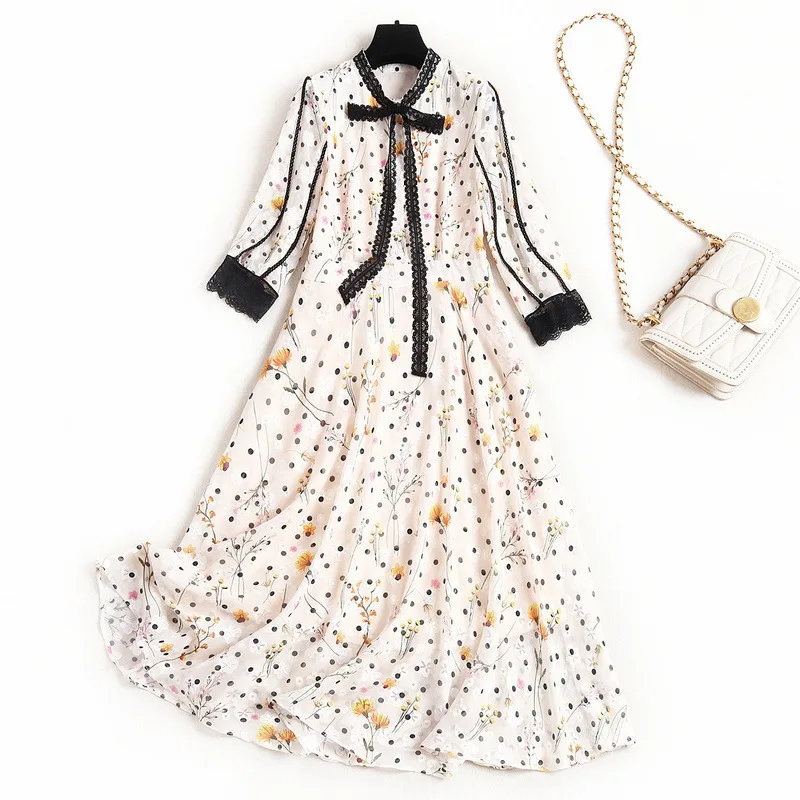 

New Fashion Spring Runway Dress Designer Women 2020 Elegant Lantern Sleeve Bow Floral Print Midi Bohemian Beach Chiffon Dress