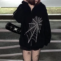 gothic punk hooded women y2k fashion rhinestone jacket coat harajuku outwear zipper diamonds print sweatshirts clothing hoodies