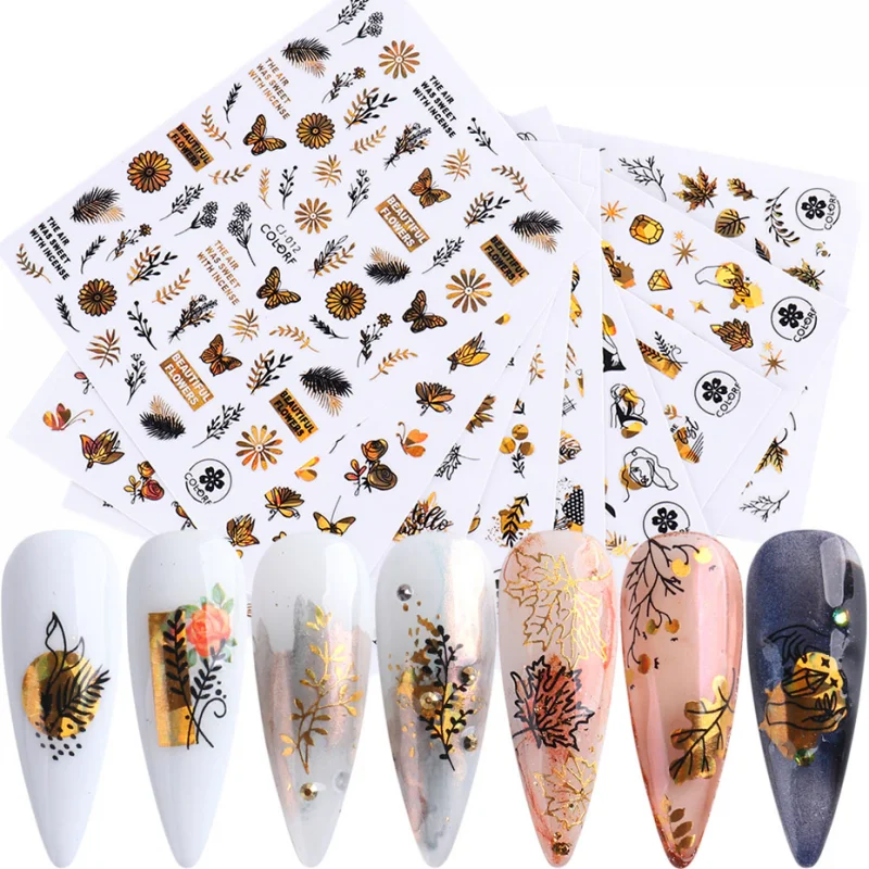 

3D Latexing Nail Sticker Laser Nail Stickers Gold Autumn Leaf Flower Decals Sliders Nail Art Decorations Foil Manicure Nail Tool